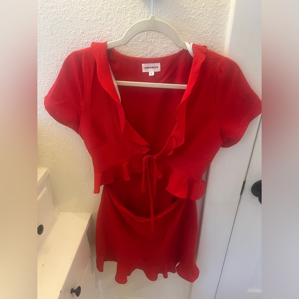 SUPERDOWN Ruffle Tie Dress in Red